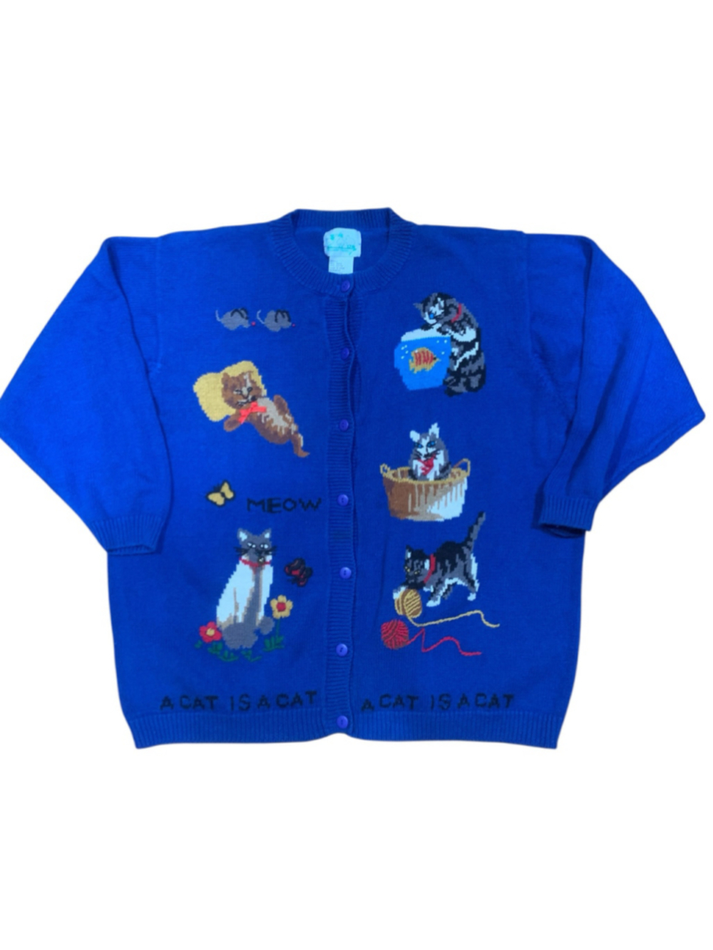 Vtg Y2K Women's cotton blend Quacker Factory Cat Print Cardigan Sweater, Size 3X